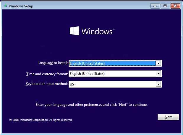 Boot your computer using a Windows installation media or recovery drive.
Choose the appropriate language preferences and click "Next".