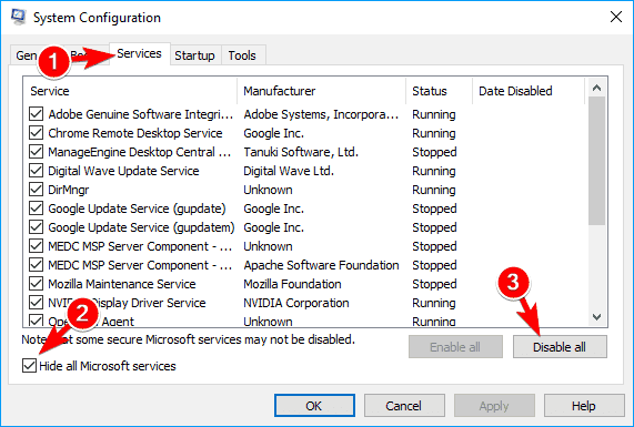 Check the box for Hide all Microsoft services and then click on Disable all.
Click on Apply and then OK.