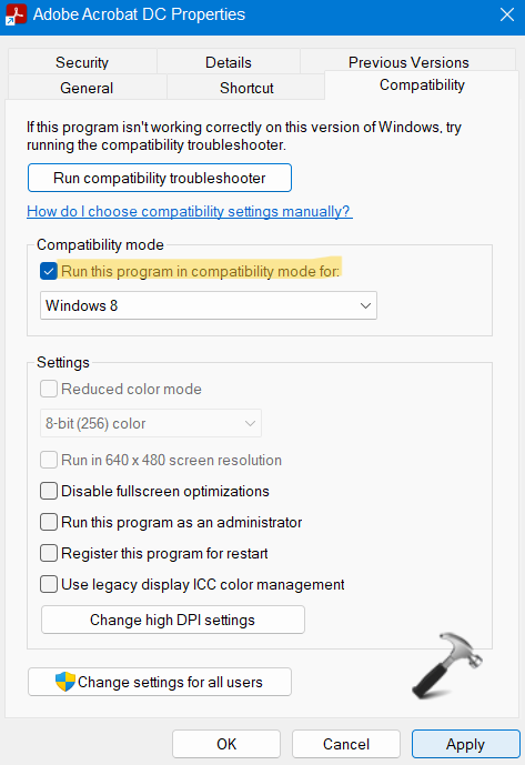 Check the box for "Run this program in compatibility mode for" and select the appropriate Windows version from the dropdown menu.
Click "Apply" and then "OK".