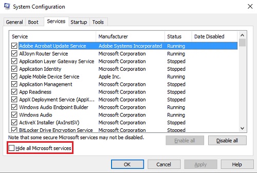 Check the box next to Hide all Microsoft services.
Click on Disable all.