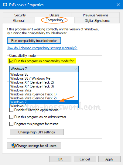 Choose the compatible Windows version from the drop-down menu.
Click Apply and then OK.