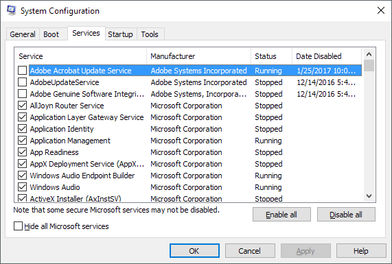 Click "Disable all" to disable non-Microsoft services.
Apply the changes and restart your computer.