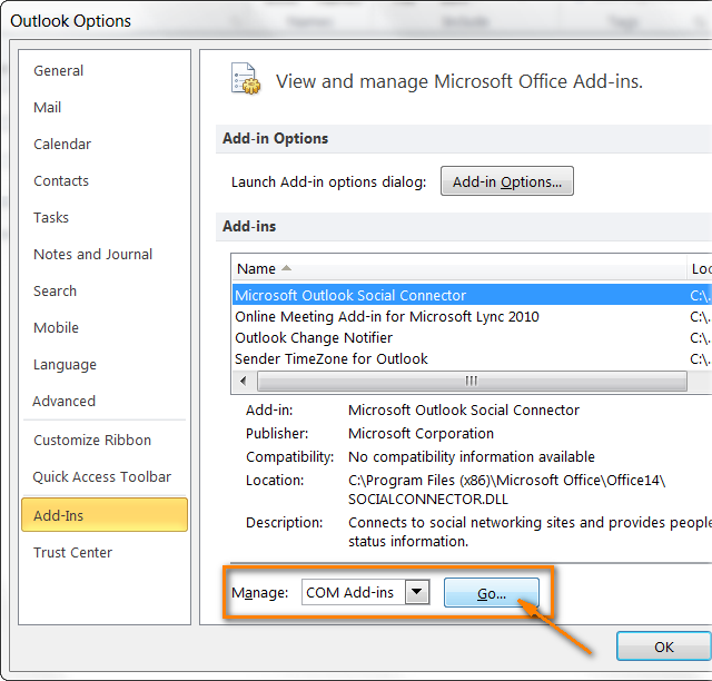 Click on Add-ins and disable any suspicious add-ins
Restart Outlook and check if BackupOutlook.exe is still crashing or freezing