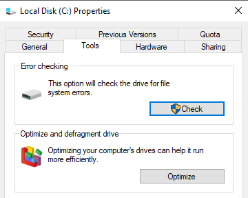 Click on Check under the Error checking section.
Follow the prompts to fix any detected disk errors.