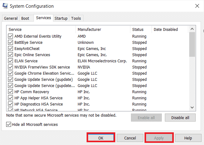 Click on "Disable all" to disable all the remaining services.
Click on "Apply" and then "OK" to save the changes.