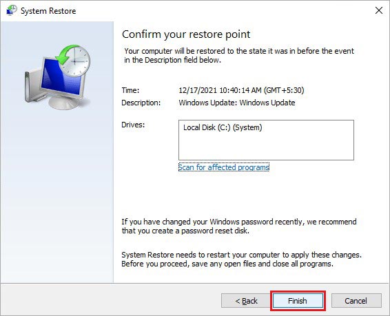 Click on Next and then Finish.
Confirm the restore action and wait for it to complete.