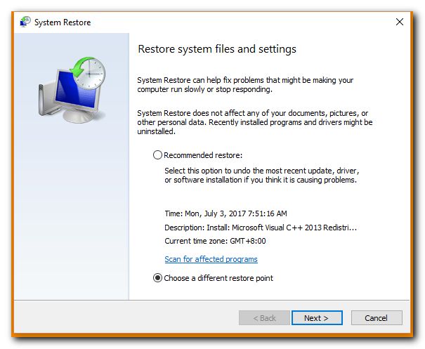 Click on "Next" in the System Restore window.
Select a restore point prior to experiencing bcmdmmsg.exe errors or popups.