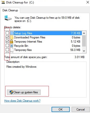 Click on OK and then Delete Files to confirm.
Wait for the disk cleanup process to complete.