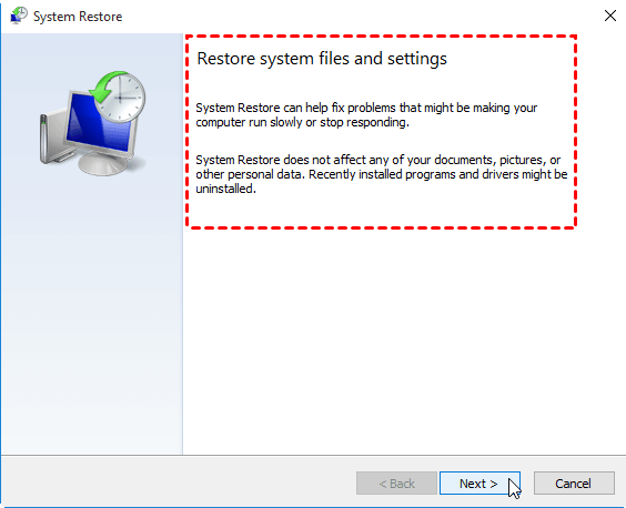 Click on Open System Restore.
Follow the prompts to choose a restore point before the downloader error occurred.