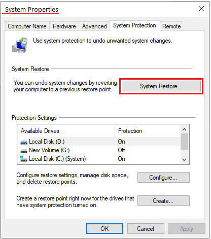 Click on System Restore in the new window that opens.
Follow the on-screen prompts to select a restore point and initiate the system restore process.