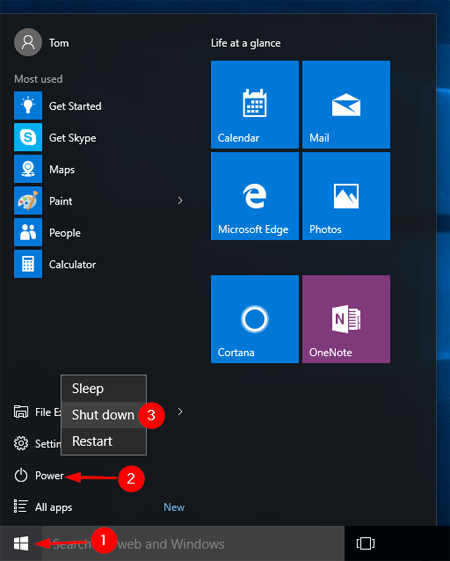Click on the "Start" menu.
Select "Restart" or "Shut down" and then turn on your computer again.