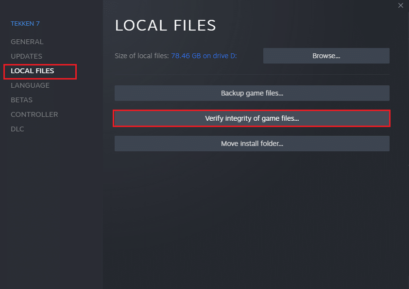 Click on "Verify Integrity of Game Files".
Wait for the process to complete and fix any corrupted files.