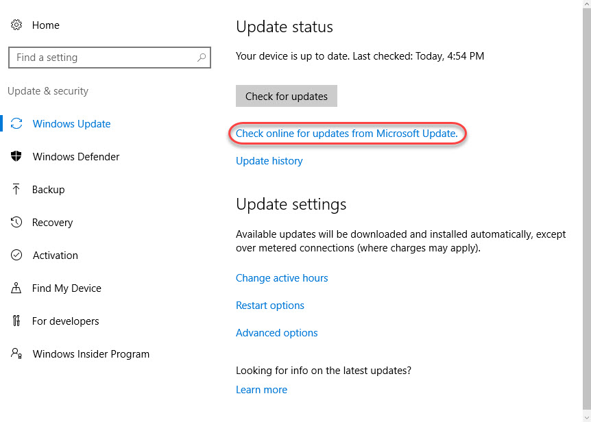 Click on "Windows Update" and then "Check for updates".
If any updates are available, download and install them.