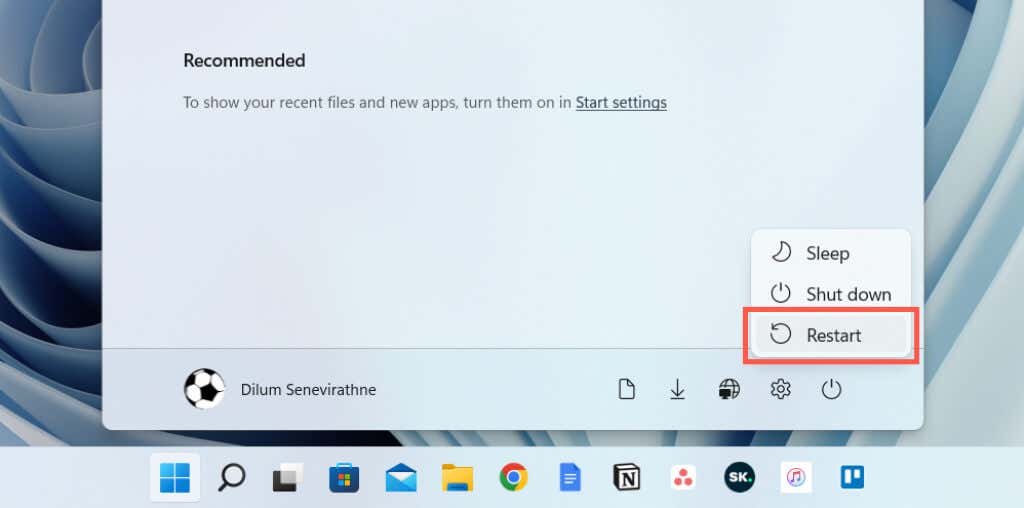 Close any other unnecessary applications and save your work.
Click on the "Start" menu, then select "Restart" to reboot your computer.