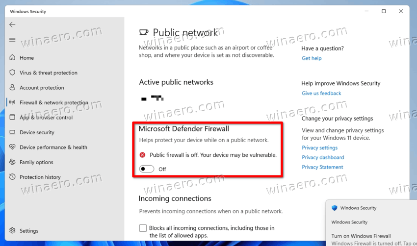 Go back to the previous menu and click on Firewall & Network Protection.
Disable the Domain Network, Private Network, and Public Network toggle switches.