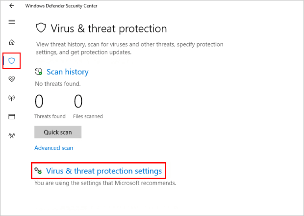 Go back to Windows Security and click on Virus & threat protection.
Turn off the real-time protection or temporarily disable the antivirus software.