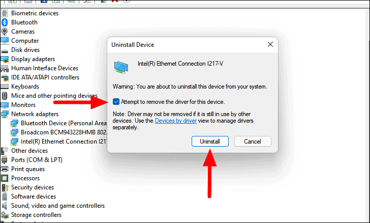 If updating doesn't resolve the issue, right-click on the Broadcom driver and select Uninstall device
Restart your computer and let Windows reinstall the driver automatically, or manually reinstall the driver downloaded earlier