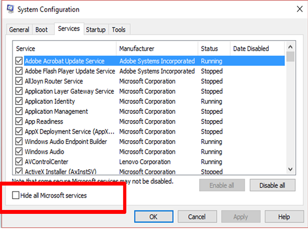 In the General tab, select "Selective startup" and uncheck "Load startup items".
Navigate to the Services tab and check "Hide all Microsoft services".