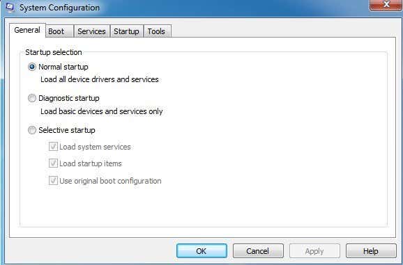 In the General tab, select Selective startup and uncheck the box next to Load startup items.
Go to the Services tab and check the box next to Hide all Microsoft services.
