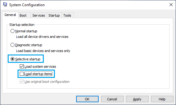 In the "General" tab, select the option for "Selective startup".
Uncheck the box next to "Load startup items".