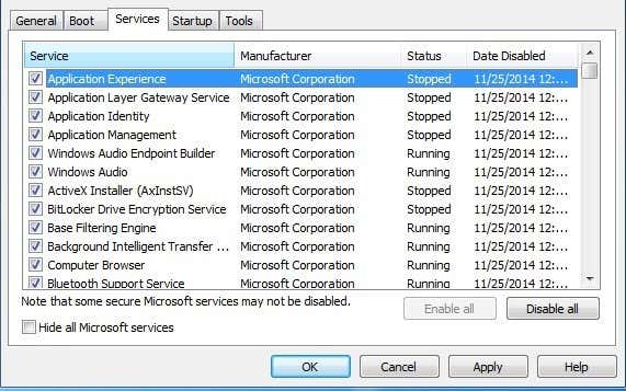 In the System Configuration window, go to the "Services" tab
Check the "Hide all Microsoft services" box