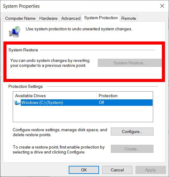 In the System Properties window, click on the "System Restore" button.
Follow the prompts and select a restore point from a date when BDGTEXP.EXE was working without errors.