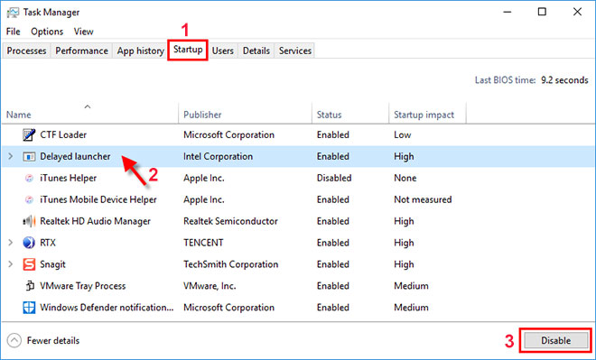 In the Task Manager window, disable all startup items by right-clicking on each item and selecting "Disable."
Close the Task Manager and go back to the System Configuration window.
