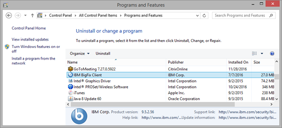 Locate BigFix Client in the list of installed programs.
Right-click on it and select Uninstall.