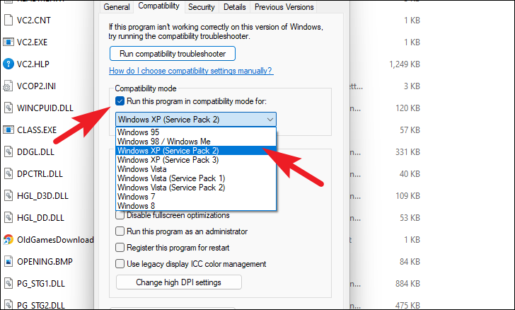Navigate to the Compatibility tab.
Check the box next to Run this program in compatibility mode for:.