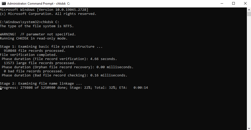 Open Command Prompt as an administrator.
Type chkdsk C: /f (replace "C" with the appropriate drive letter if necessary) and press Enter.