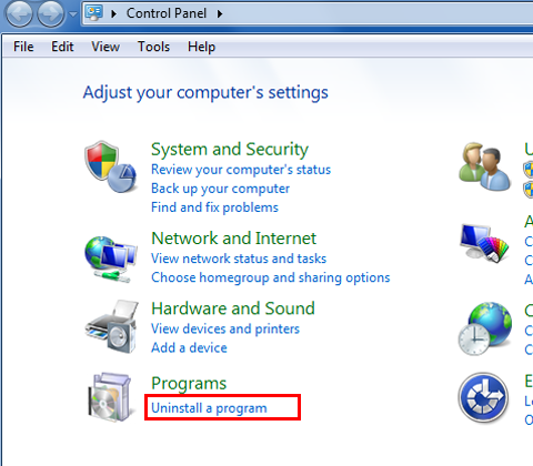 Open Control Panel and go to Programs
Click on Uninstall a program