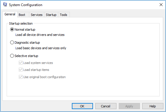 Open System Configuration by pressing Win+R and typing msconfig.
In the General tab, select Selective startup.