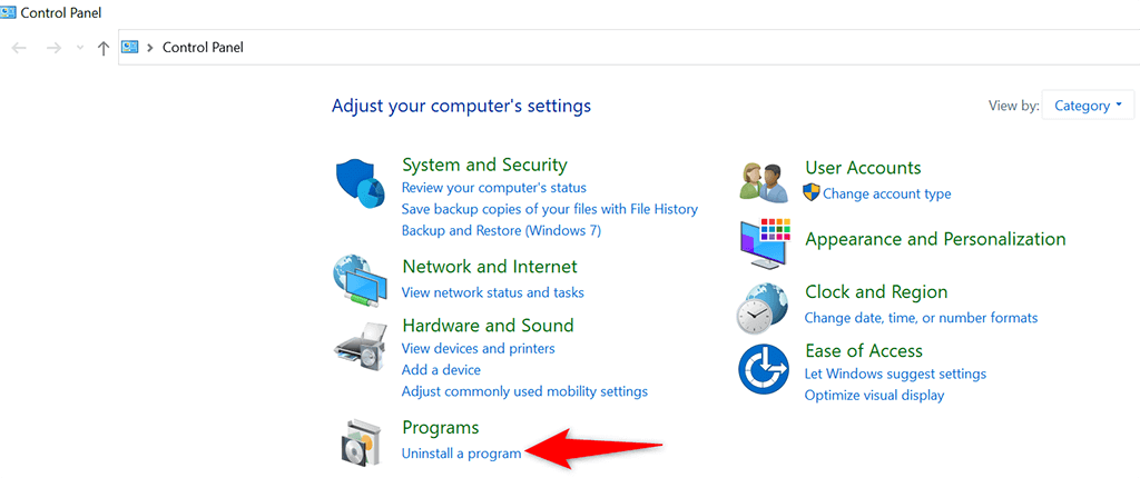 Open the Control Panel by clicking on the Start menu and selecting Control Panel.
Click on "Uninstall a program" or "Programs and Features" (depending on your version of Windows).