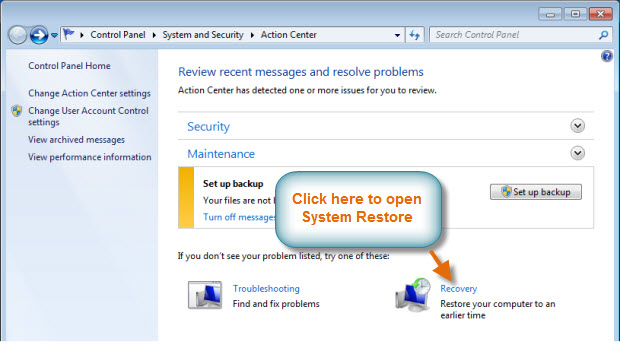 Open the Control Panel
Click on "Recovery" or "System and Security"