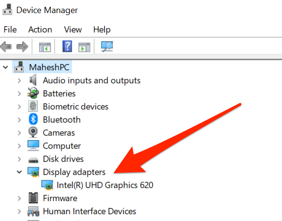Open the Device Manager by right-clicking on the Start button and selecting Device Manager.
Expand the Display adapters category.