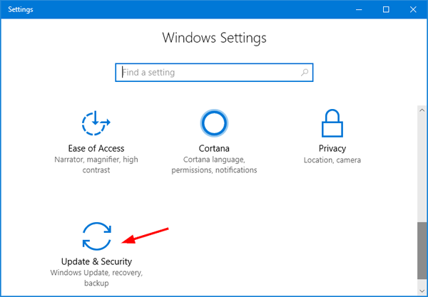 Open the Settings app by pressing Win + I.
Go to the Update & Security section.