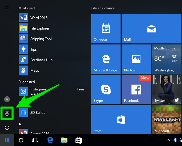 Open the Start menu by clicking on the Windows icon located at the bottom left corner of the screen.
Click on Settings, which is represented by a gear icon.