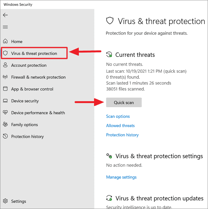 Open Windows Defender Security Center.
Select the Virus & Threat Protection tab.