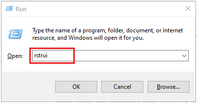 Press the "Windows" key and "R" key simultaneously to open the Run dialog box.
Type "rstrui.exe" into the dialog box and press Enter.