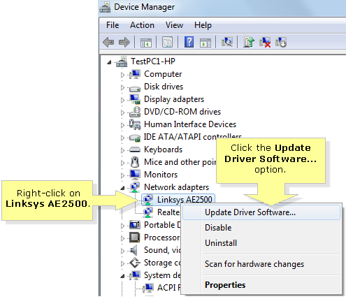 Right-click on your wireless network adapter and select "Update driver."
Choose the option to automatically search for updated driver software.