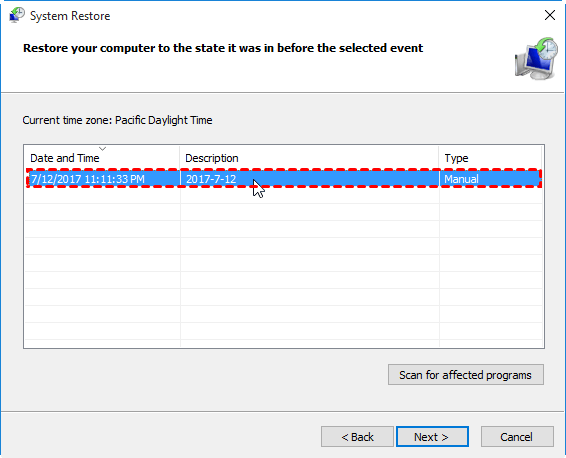 Select a restore point from a date before the bsclip.exe error occurred.
Follow the on-screen instructions to restore your system to the selected restore point.