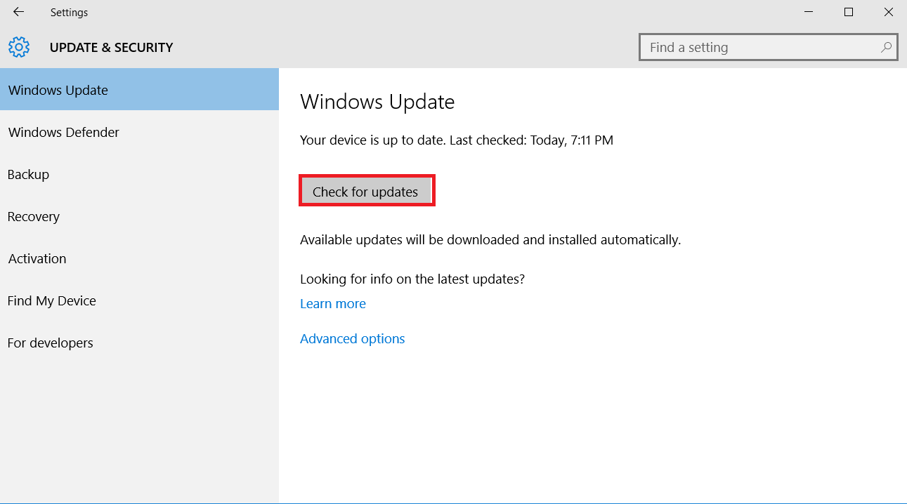Select "Check for updates."
Install any available updates for your operating system.