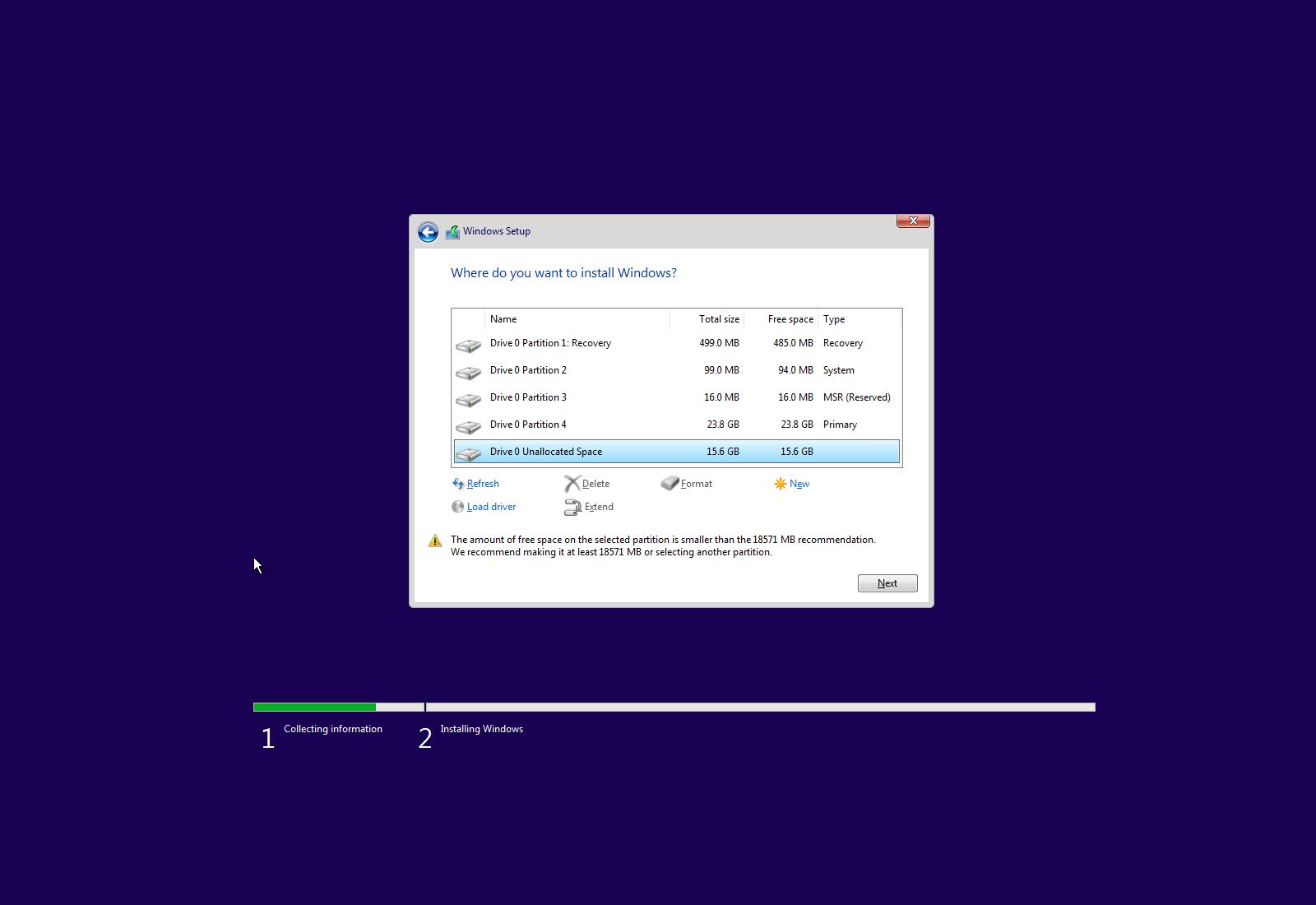 Select "Custom (advanced)" installation.
Choose the partition where you want to install Windows and click "Next".