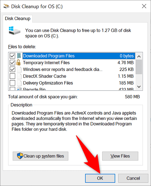 Select the types of files you want to delete and click OK.
Follow the prompts to complete the disk cleanup process.