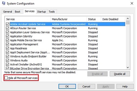Step 3: In the System Configuration window, navigate to the "Services" tab.
Step 4: Check the box that says "Hide all Microsoft services" to prevent disabling essential system processes.
