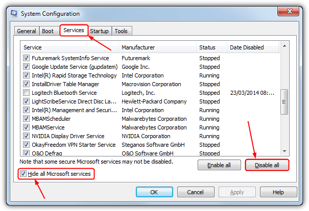 Step 5: Click on the "Disable all" button to disable all non-Microsoft services.
Step 6: Navigate to the "Startup" tab in the System Configuration window.