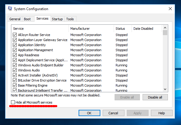 Switch to the "Services" tab and check "Hide all Microsoft services."
Click "Disable all" and then "Apply" to disable all non-essential services.