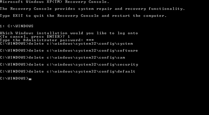 Type ren DEFAULT DEFAULT.old, ren SAM SAM.old, ren SECURITY SECURITY.old, ren SOFTWARE SOFTWARE.old, and ren SYSTEM SYSTEM.old to rename the registry hive files.
Type copy C:WindowsSystem32configRegBackDEFAULT, C:WindowsSystem32configRegBackSAM, C:WindowsSystem32configRegBackSECURITY, C:WindowsSystem32configRegBackSOFTWARE, and C:WindowsSystem32configRegBackSYSTEM to restore the registry hive files.