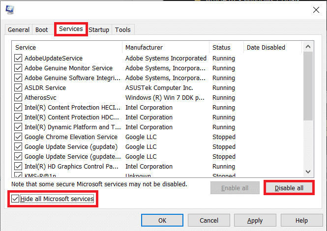 Uncheck the box next to "Load startup items".
Go to the Services tab and check "Hide all Microsoft services".