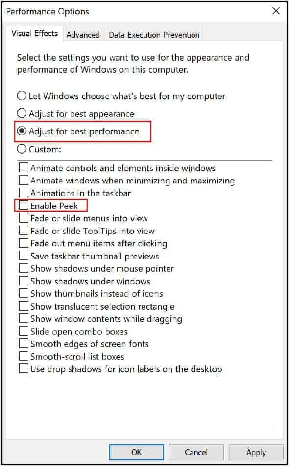Under the "Performance" section, click on the "Settings" button.
In the "Visual Effects" tab, select "Adjust for best performance" or customize specific options.